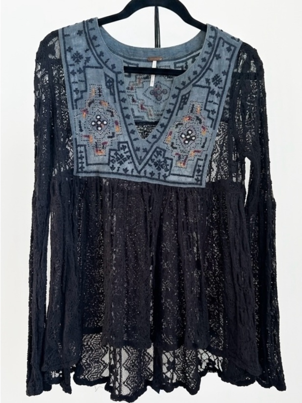 Free People Embroidered Lace Boho Peasant Tunic Blouse Black XS